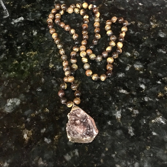 Natural Tiger Eye Druzy Pendant Necklace - Picture 3 of 6